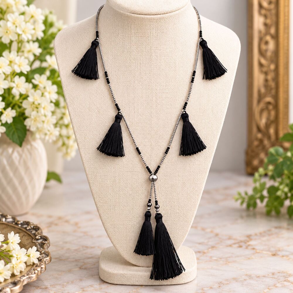 Express NWT Black Tassel Necklace Silver Tone Beaded Long Statement Boho